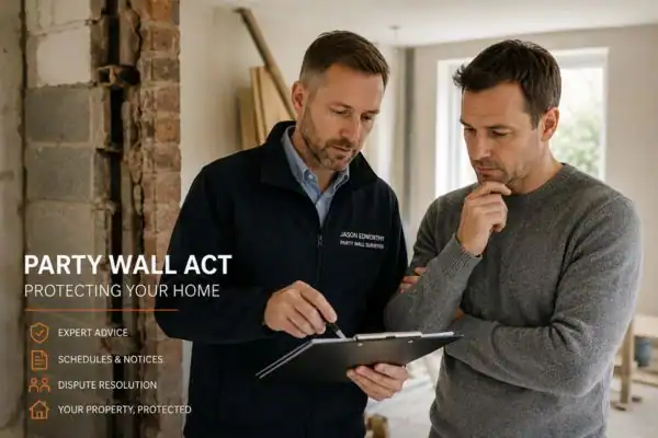 Party wall surveyor Seaford discussing extension plans with homeowner outside a UK semi-detached house.